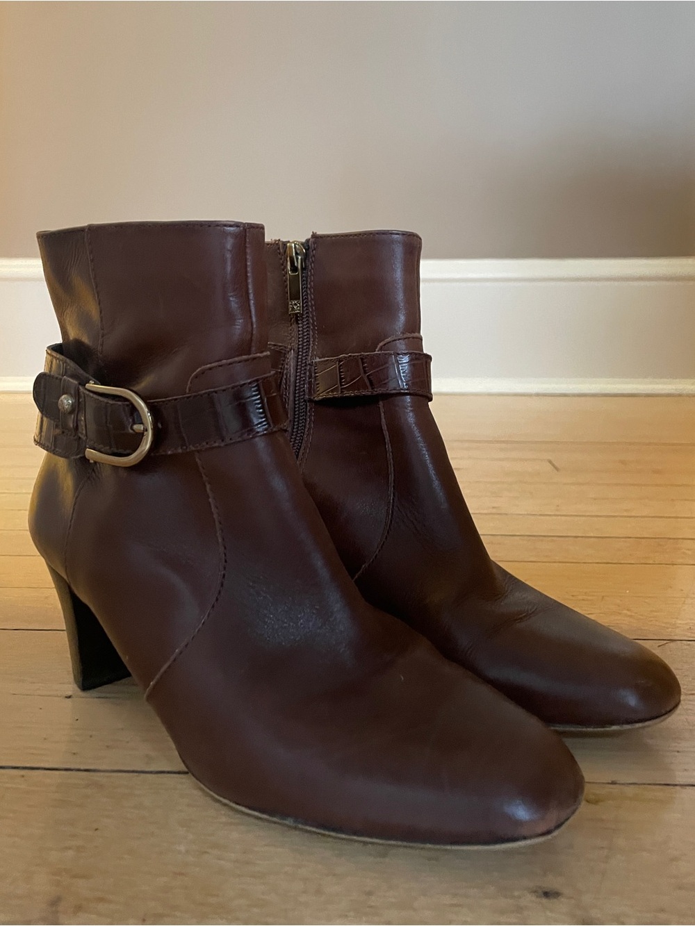 Anne Klein Dark Brown Leather Ankle Booties with Side Buckle